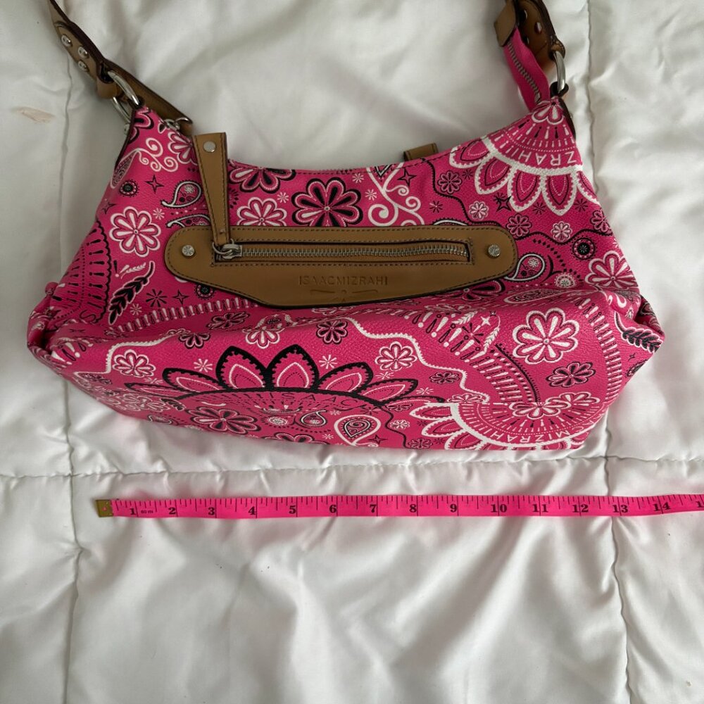 Isaac Mizrahi Pink Bandanna Print Hobo Style Tan PVC Trimmed Bag Retro - Picture 7 of 10